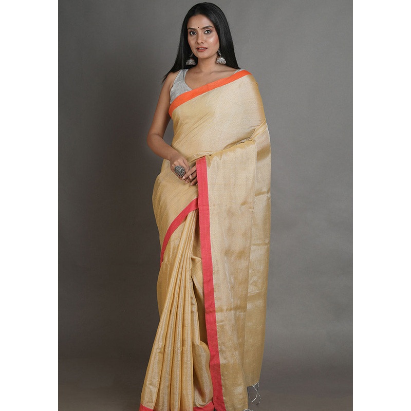 Beige Spun Silk Saree With Blouse Piece - JD986596115