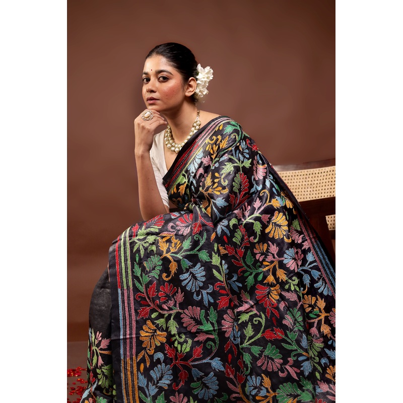 Black Handloom Kantha Stitch Pure Silk Saree With Blouse Piece - JD986596002