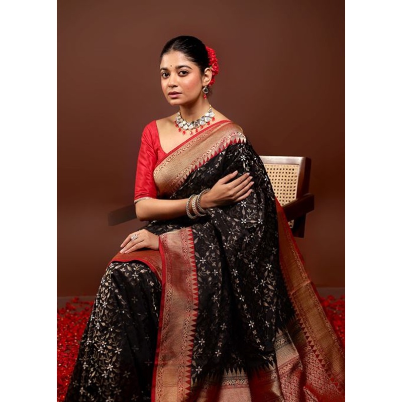 Black Handloom Katan Pure Silk Saree With Blouse Piece - JD986596001