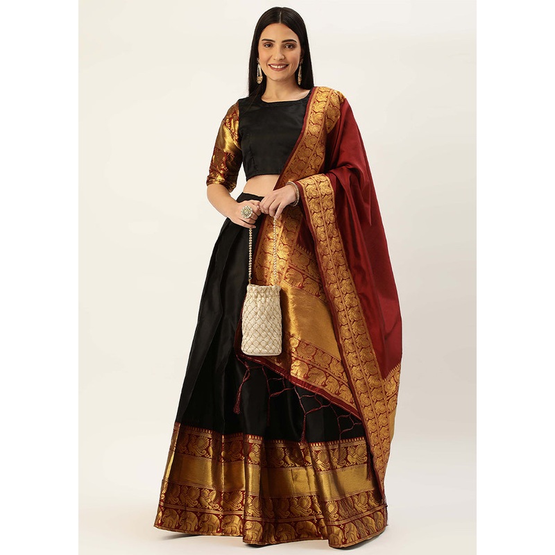 Black Silk Semi Stitched Lehenga Set - JD986596043