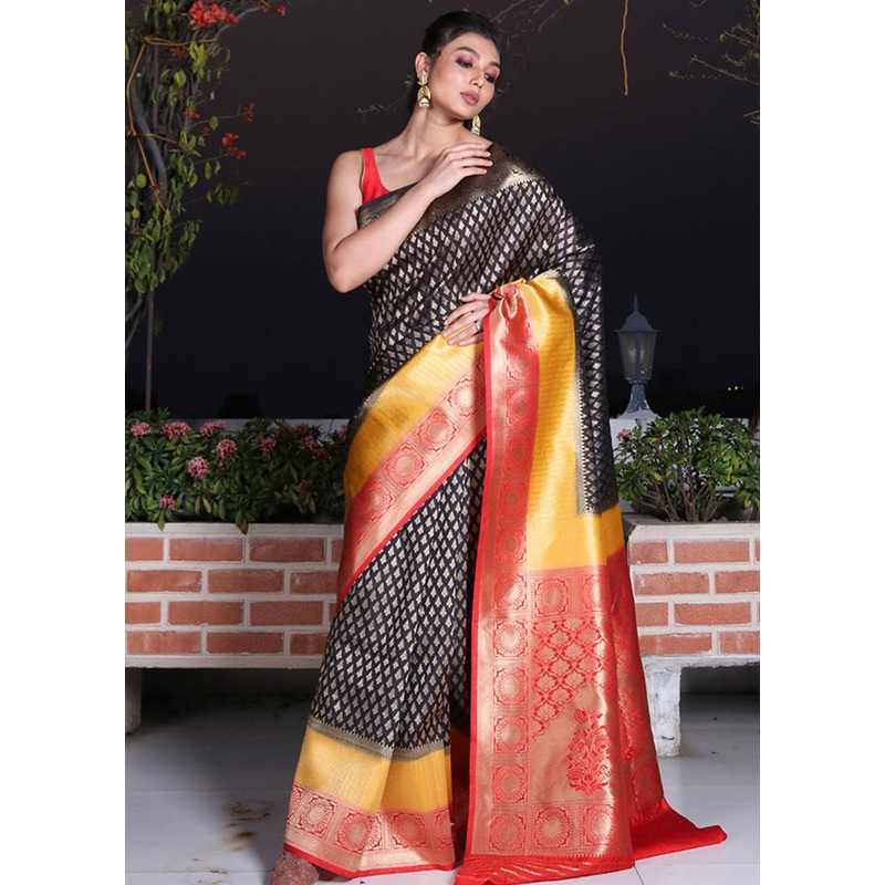 Black Spun Saree With Blouse Piece - JD986596112