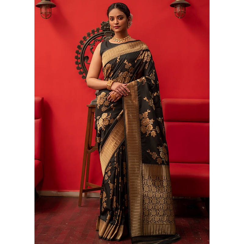 Black Spun Silk Saree With Blouse Piece - JD986596120