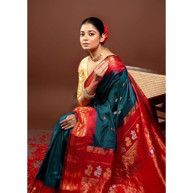 Blue Gadwal Pure Silk Saree Without Blouse Piece - JD986596000