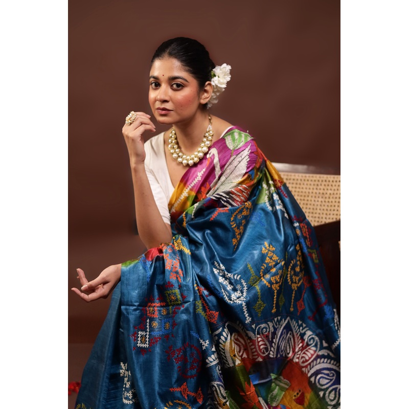 Blue Handloom Kantha Stitch Pure Silk Saree With Blouse Piece - JD986595997