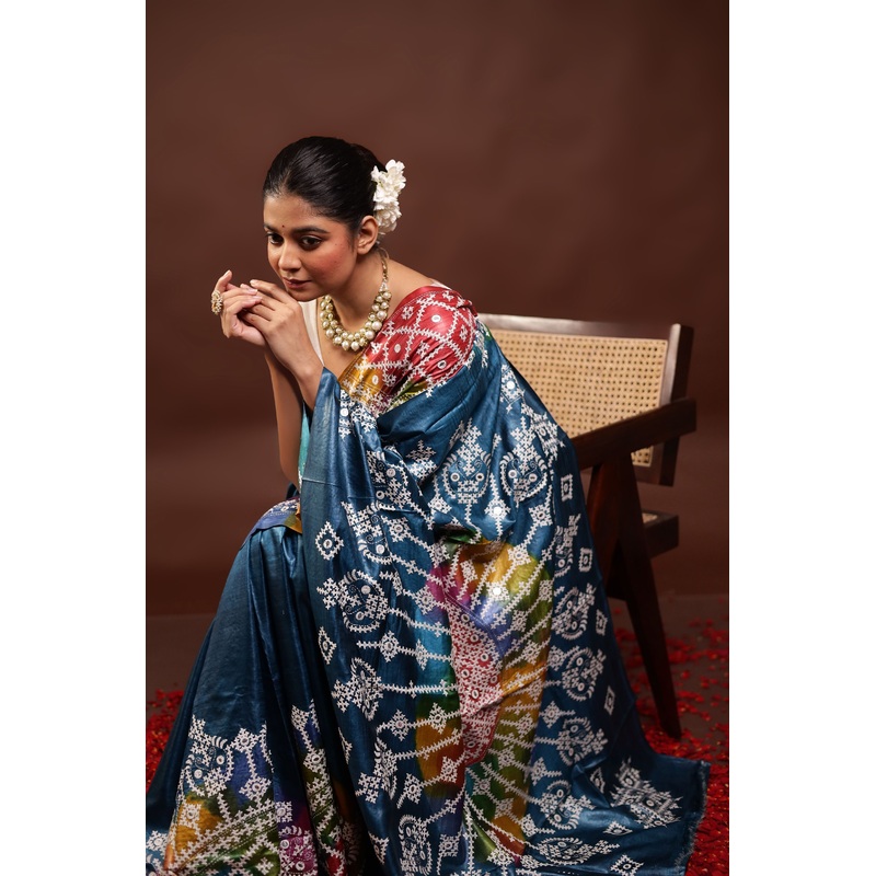 Blue Handloom Kantha Stitch Pure Silk Saree With Blouse Piece - JD986595998