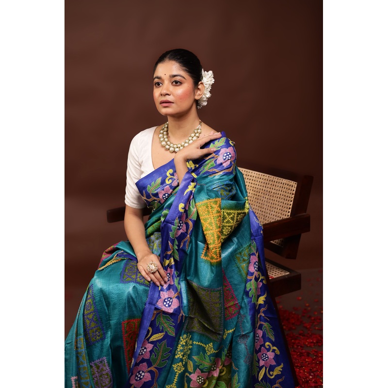 Blue Handloom Kantha Stitch Pure Silk Saree With Blouse Piece - JD986595999