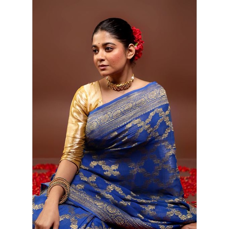 Blue Handloom Pure Georgette Saree With Blouse Piece - JD986595996