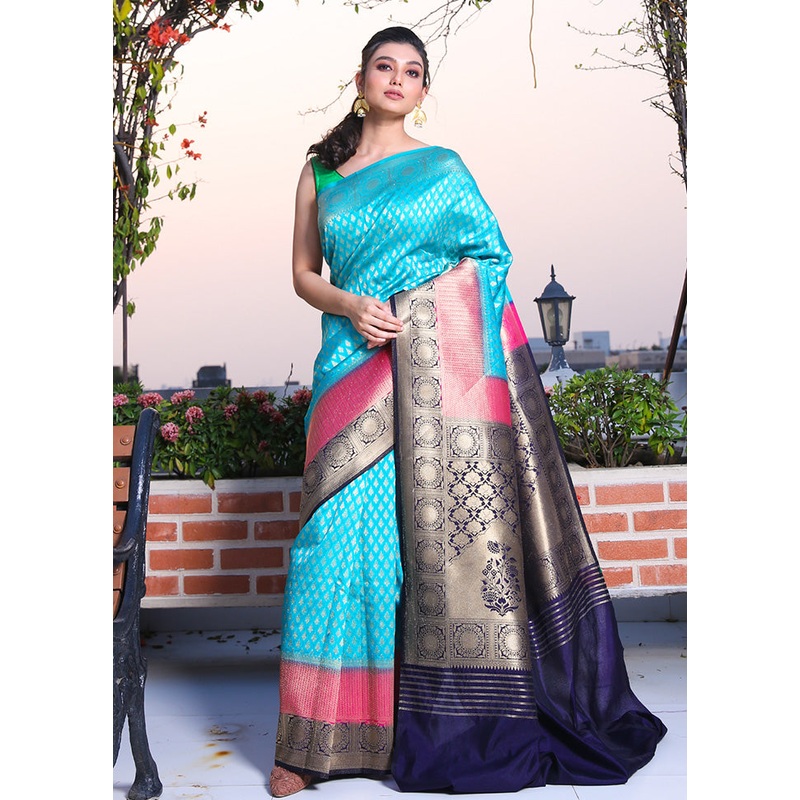Blue Spun Saree With Blouse Piece - JD986596109