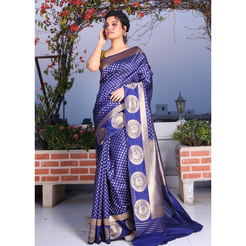 Blue Spun Saree With Blouse Piece - JD986596110