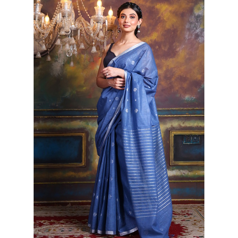 Blue Spun Silk Saree With Blouse Piece - JD986596093