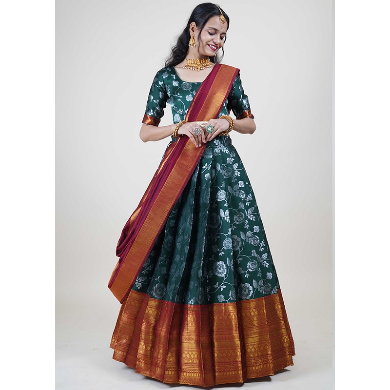 Bottle Green Silk Semi Stitched Lehenga Set - JD986596039