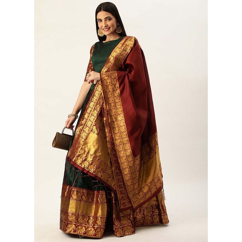 Bottle Green Silk Semi Stitched Lehenga Set - JD986596040