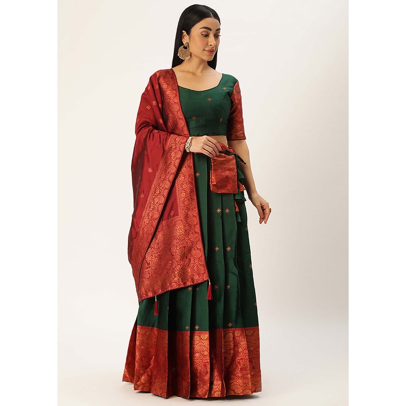 Bottle Green Silk Semi Stitched Lehenga Set - JD986596041