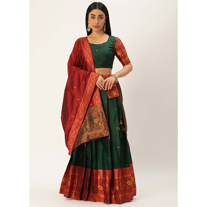 Bottle Green Silk Semi Stitched Lehenga Set - JD986596042