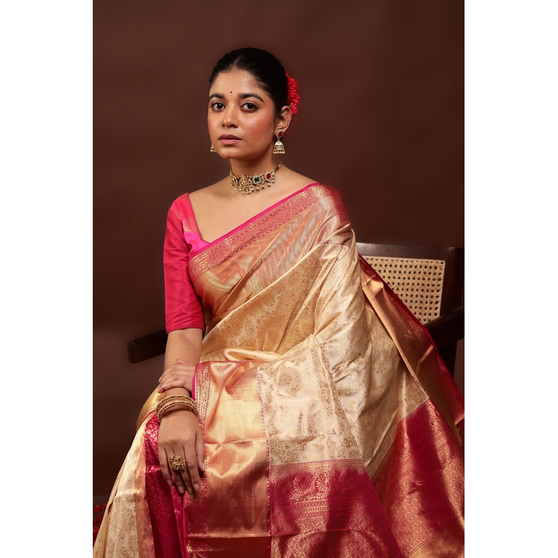 Cream Handloom Kanchipuram Pure Silk Saree With Blouse Piece - JD986595994