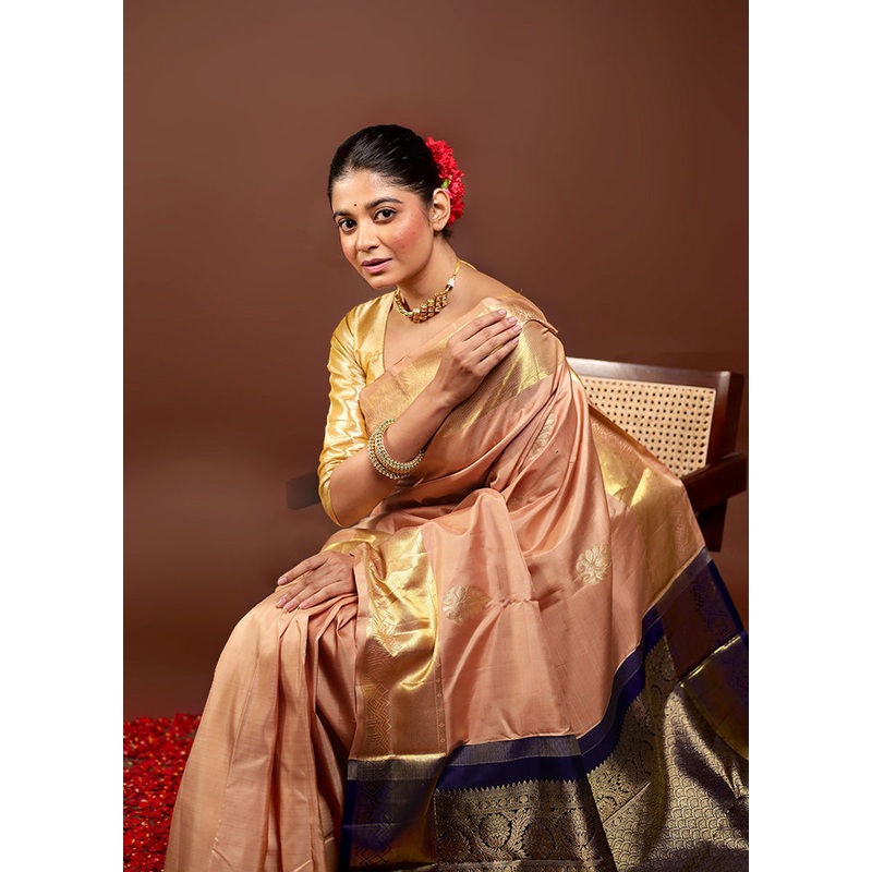 Cream Handloom Kanchipuram Pure Silk Saree With Blouse Piece - JD986595995