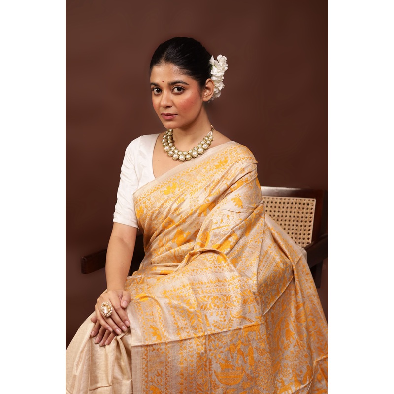Cream Handloom Kantha Stitch Pure Silk Saree With Blouse Piece - JD986595992