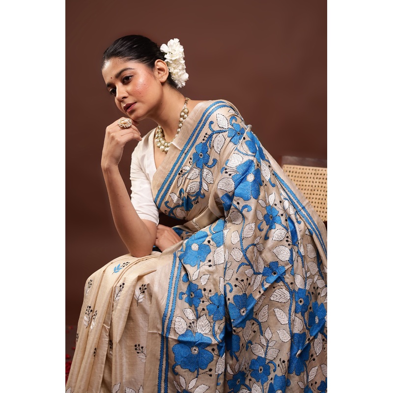 Cream Handloom Kantha Stitch Pure Silk Saree With Blouse Piece - JD986595993