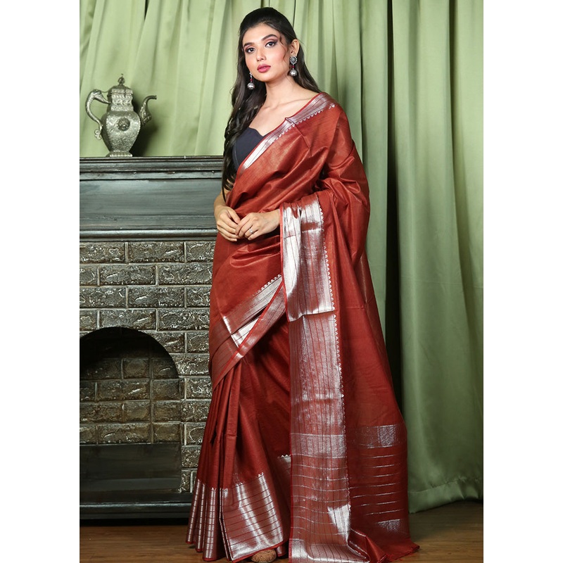 Garnet Red Spun Silk Saree With Blouse Piece - JD986596096