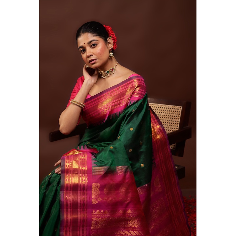 Green Gadwal Pure Silk Saree Without Blouse Piece - JD986595989