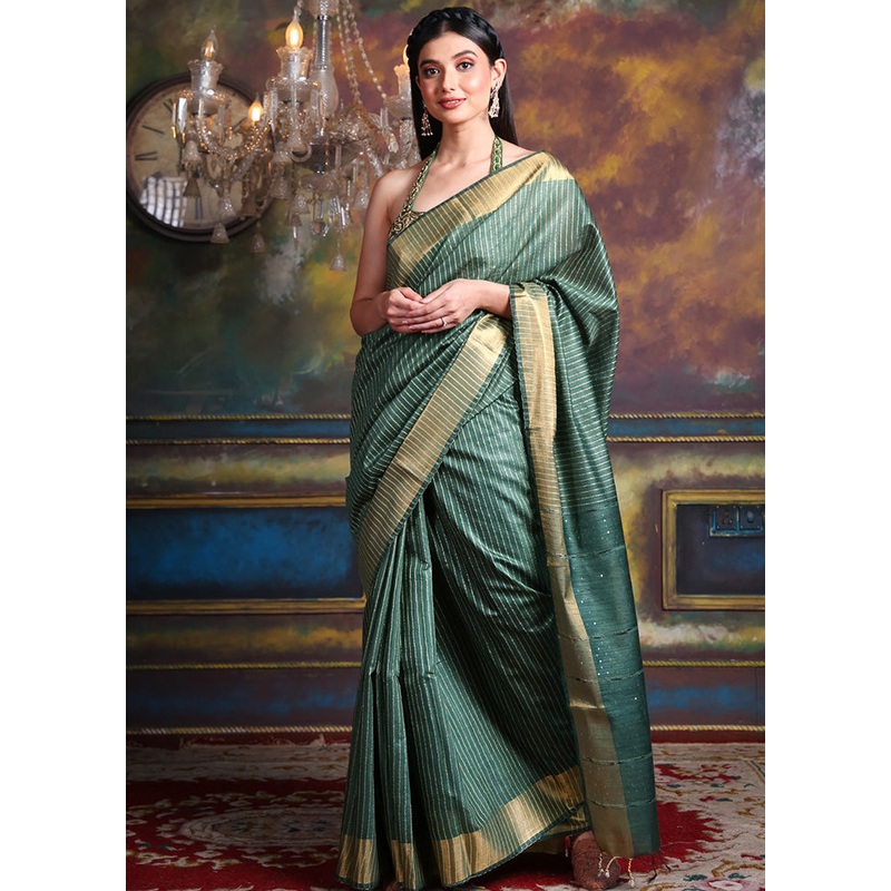 Green Spun Silk Saree With Blouse Piece - JD986596086