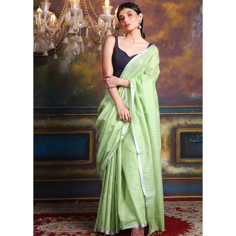 Green Spun Silk Saree With Blouse Piece - JD986596090