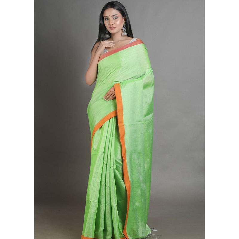 Green Spun Silk Saree With Blouse Piece - JD986596116