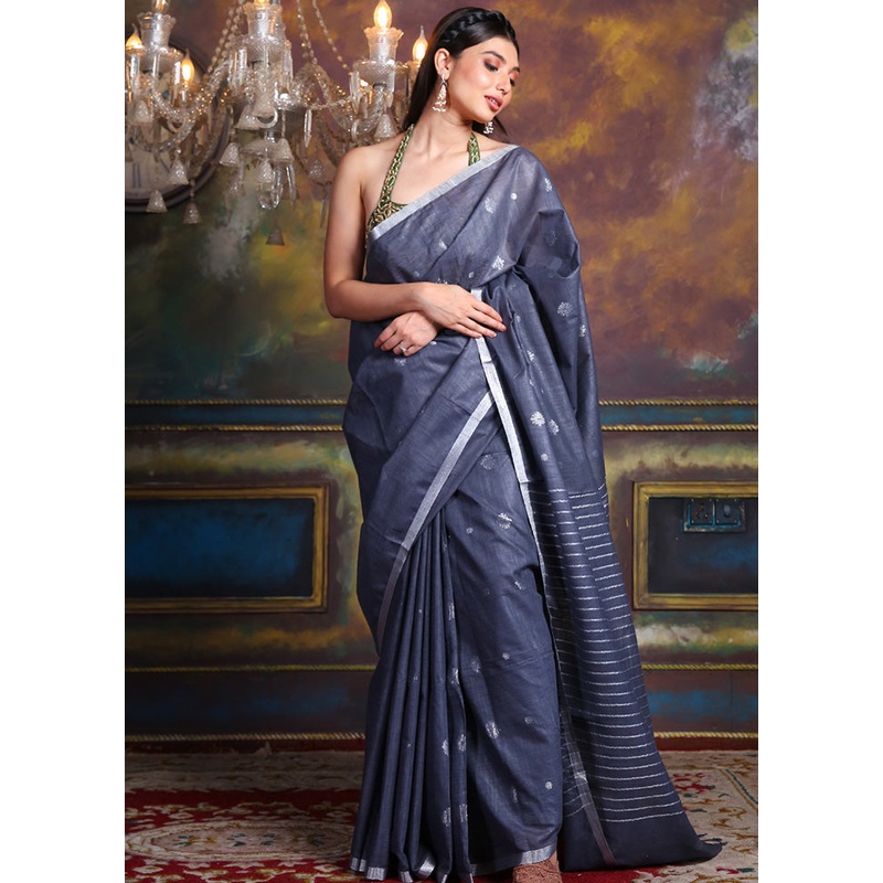 Grey Spun Silk Saree With Blouse Piece - JD986596092