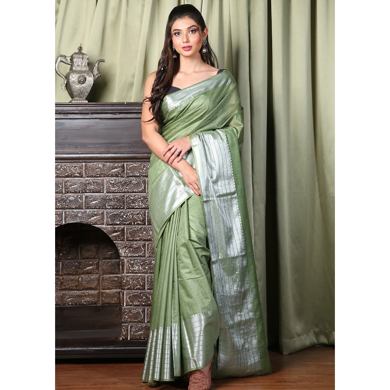Light Green Spun Silk Saree With Blouse Piece - JD986596097