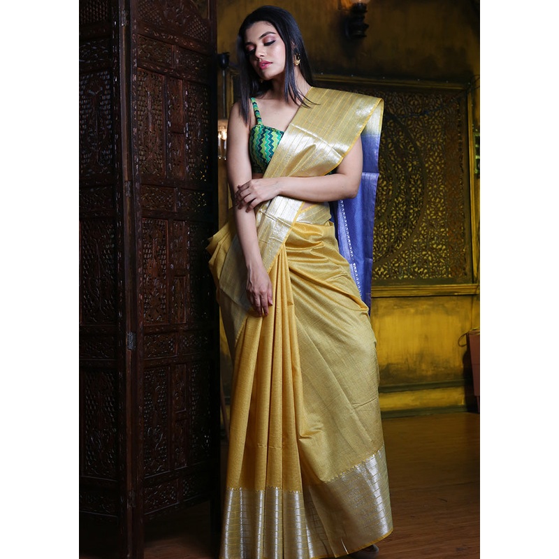 Light Yellow Spun Silk Saree With Blouse Piece - JD986596099