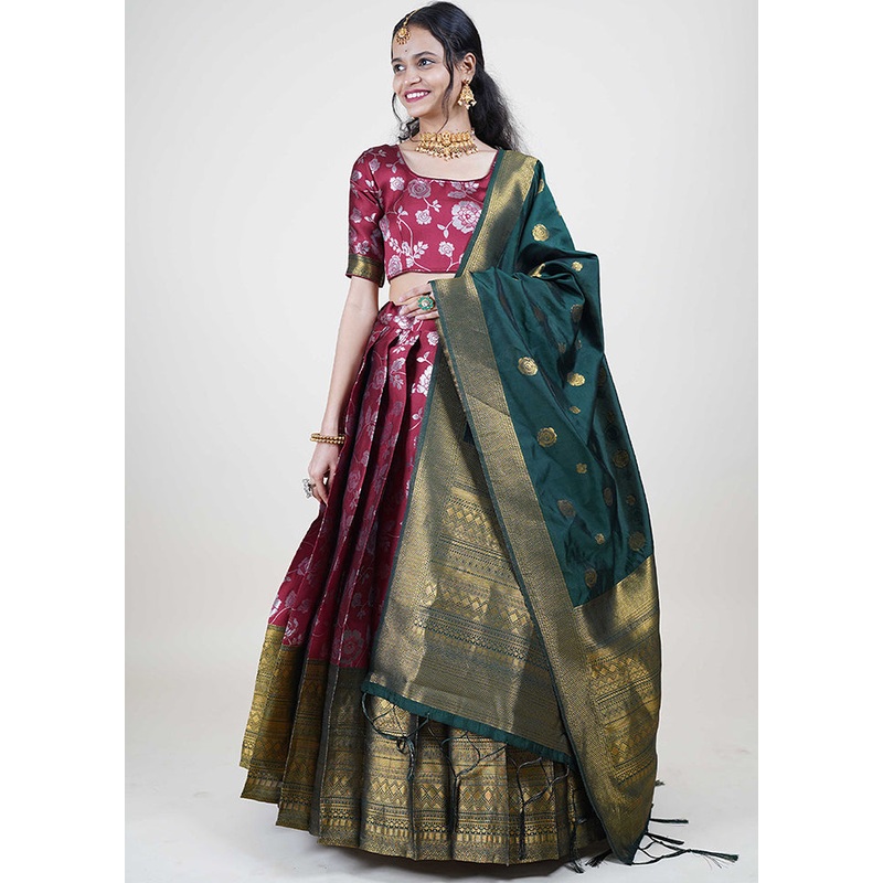 Maroon Silk Semi Stitched Lehenga Set - JD986596031