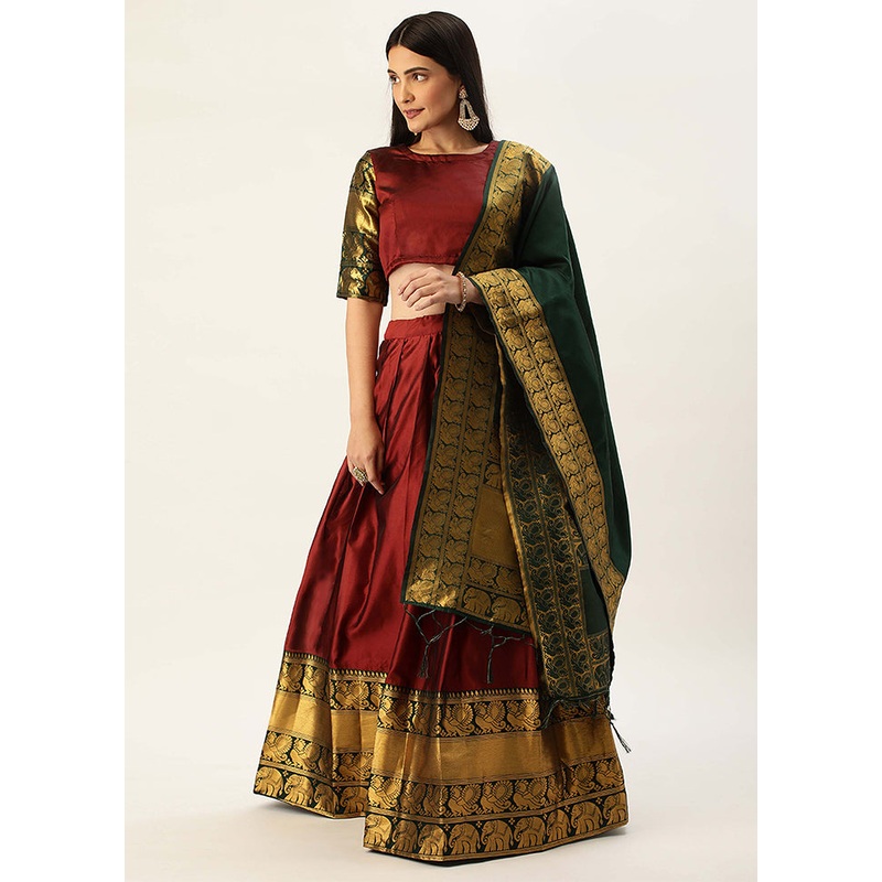 Maroon Silk Semi Stitched Lehenga Set - JD986596032