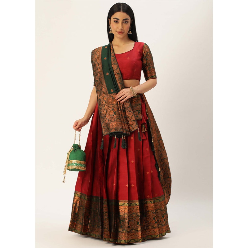 Maroon Silk Semi Stitched Lehenga Set - JD986596033