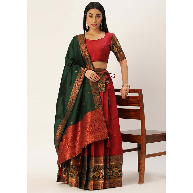 Maroon Silk Semi Stitched Lehenga Set - JD986596034
