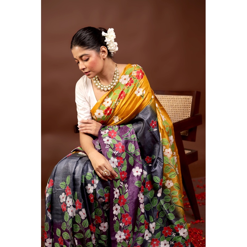 Multicolor Handloom Kantha Stitch Pure Silk Saree With Blouse Piece - JD986595982