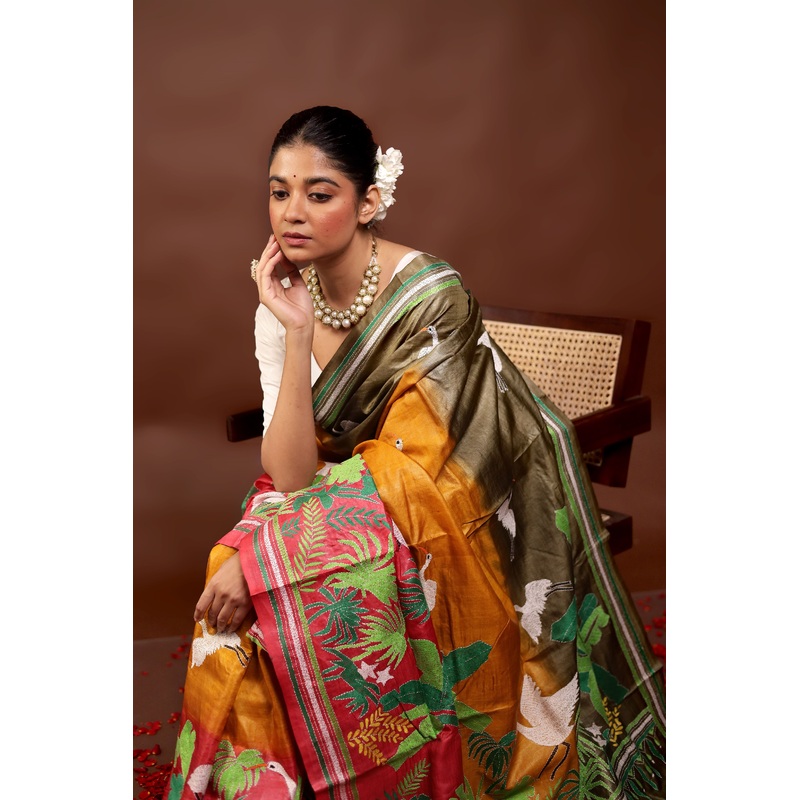 Multicolor Handloom Kantha Stitch Pure Silk Saree With Blouse Piece - JD986595983