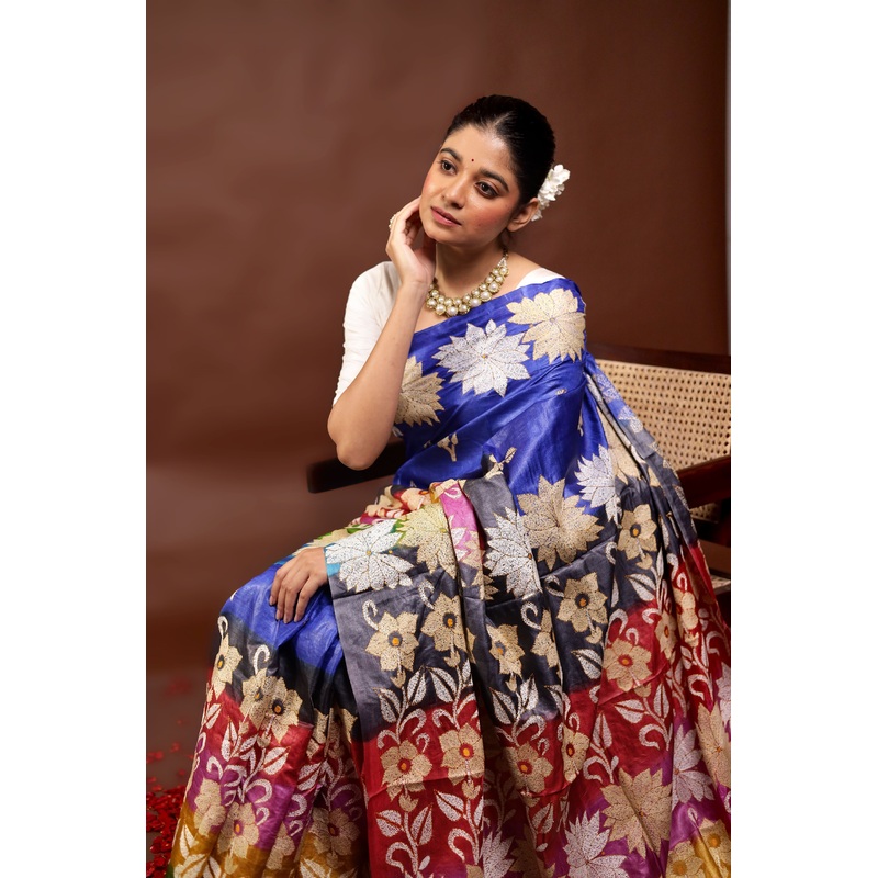 Multicolor Handloom Kantha Stitch Pure Silk Saree With Blouse Piece - JD986595984