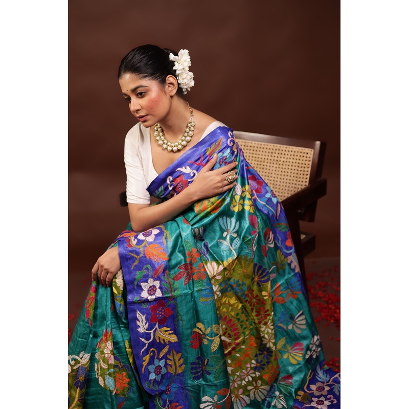 Multicolor Handloom Kantha Stitch Pure Silk Saree With Blouse Piece - JD986595985