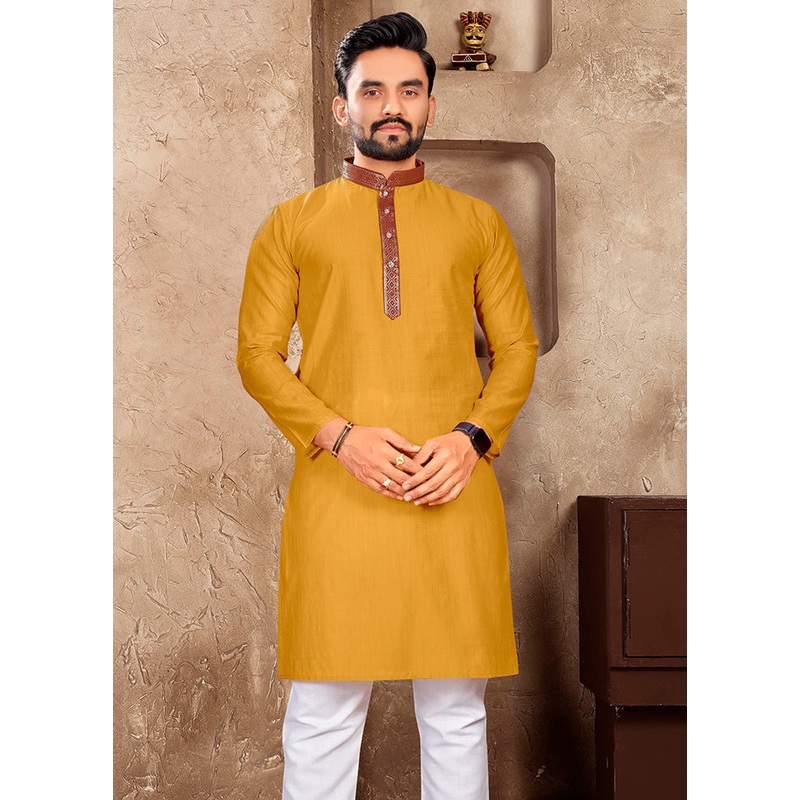 Mustard Silk Kurta - JD986596013