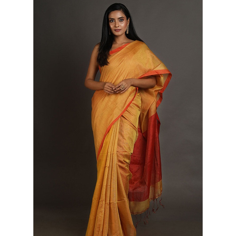 Mustard Spun Silk Saree With Blouse Piece - JD986596118