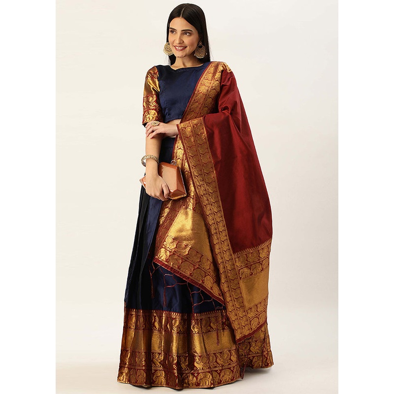 Navy Blue Silk Semi Stitched Lehenga Set - JD986596027