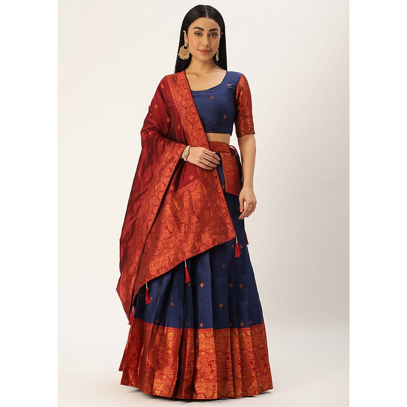 Navy Blue Silk Semi Stitched Lehenga Set - JD986596028