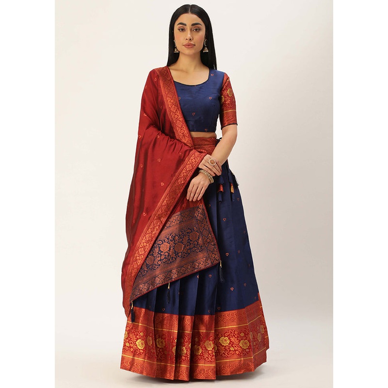 Navy Blue Silk Semi Stitched Lehenga Set - JD986596029