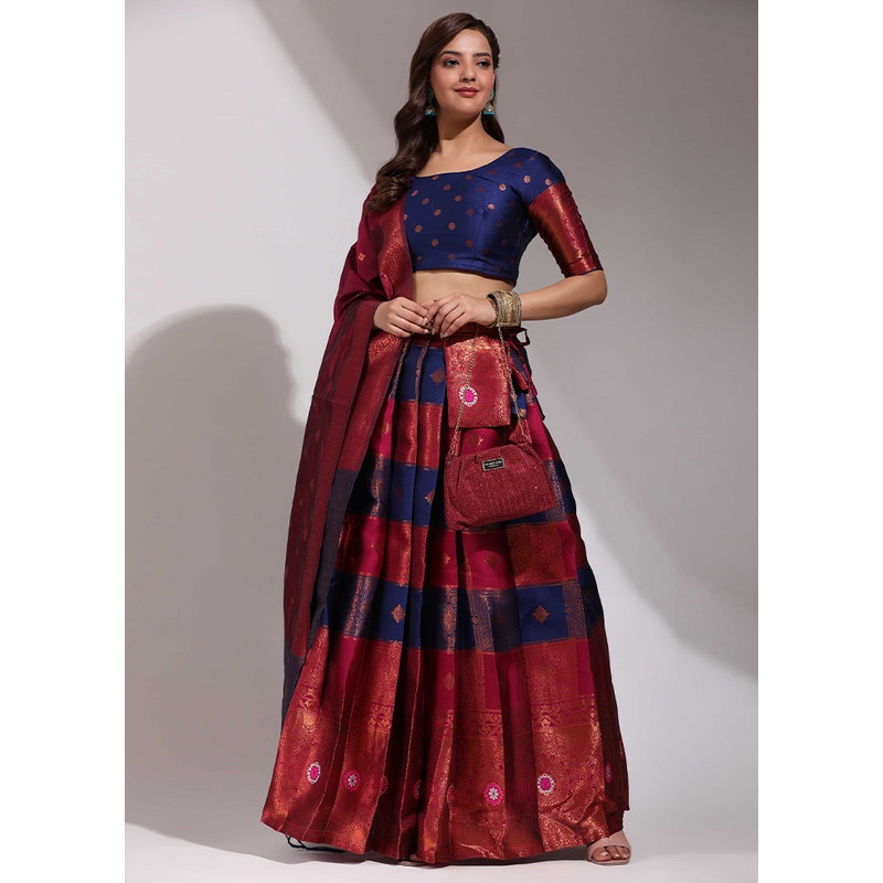 Navy Blue Silk Semi Stitched Lehenga Set - JD986596030