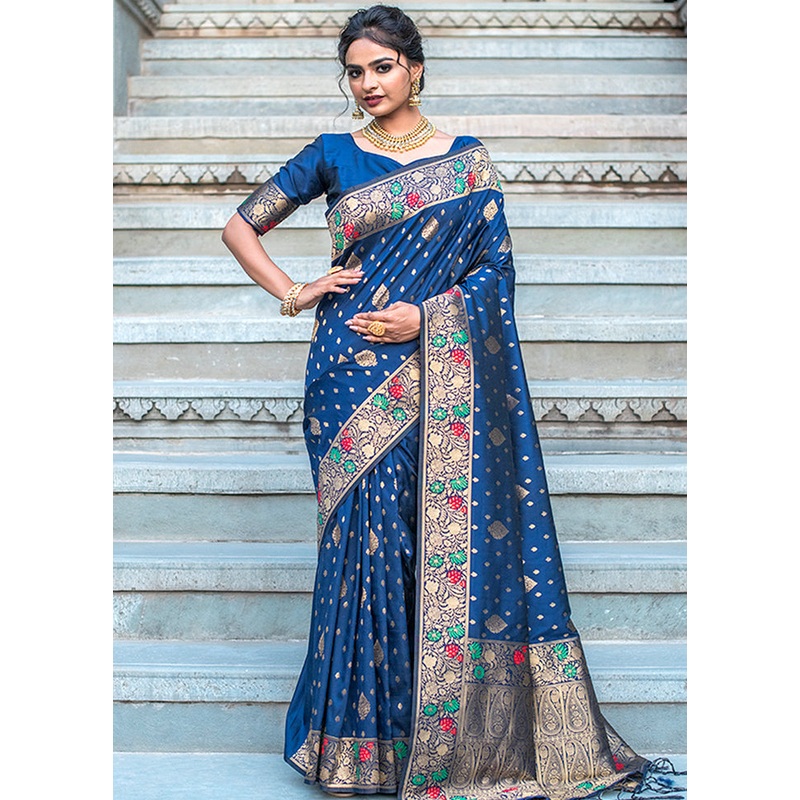 Navy Blue Spun Silk Saree With Blouse Piece - JD986596128