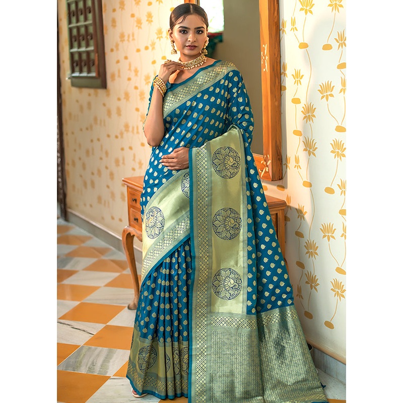 Ocean Blue Spun Silk Saree With Blouse Piece - JD986596130