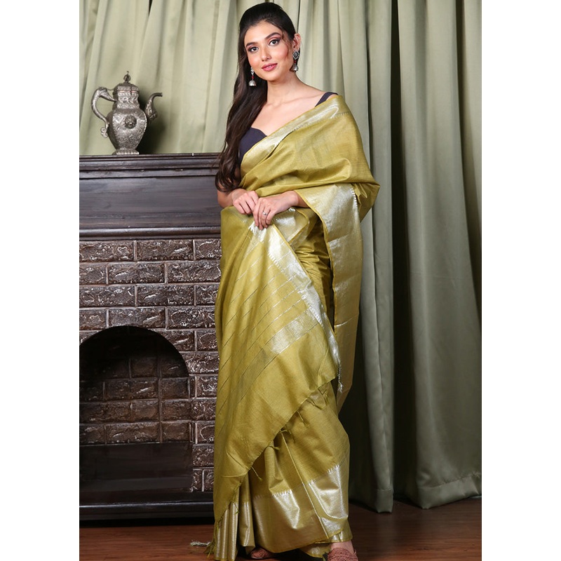 Olive Green Spun Silk Saree With Blouse Piece - JD986596104