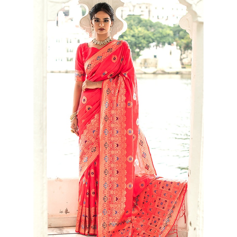 Pale Red Spun Silk Saree With Blouse Piece - JD986596122