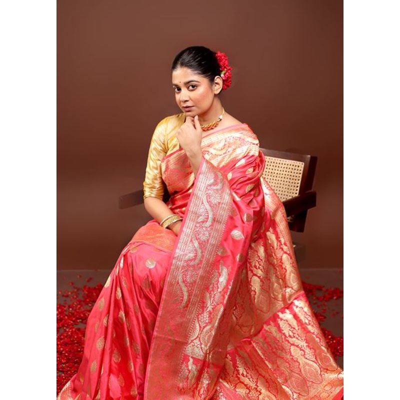 Pink Handloom Banarasi Pure Silk Saree With Blouse Piece - JD986595980