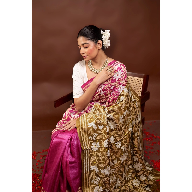 Pink Handloom Kantha Stitch Pure Silk Saree With Blouse Piece - JD986595978